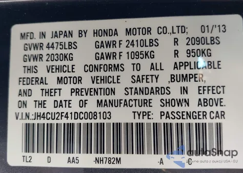 2013 Acura Tsx 2.4 z USA, uszkodzony, nr VIN JH4CU2F41DC008103